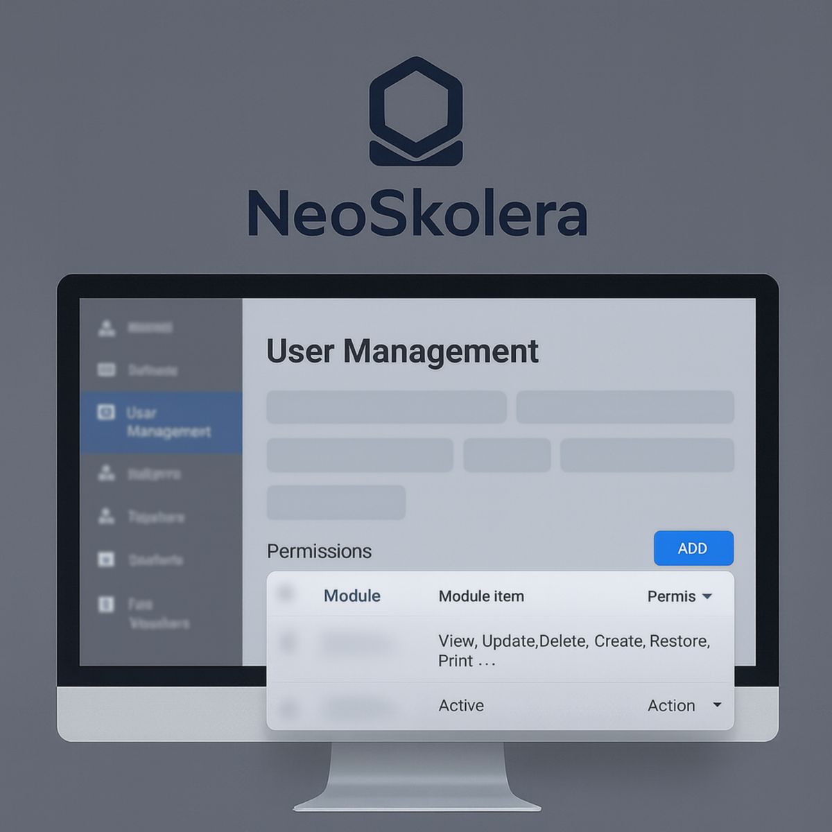 Users and permissions screen in NeoSkolera school management system