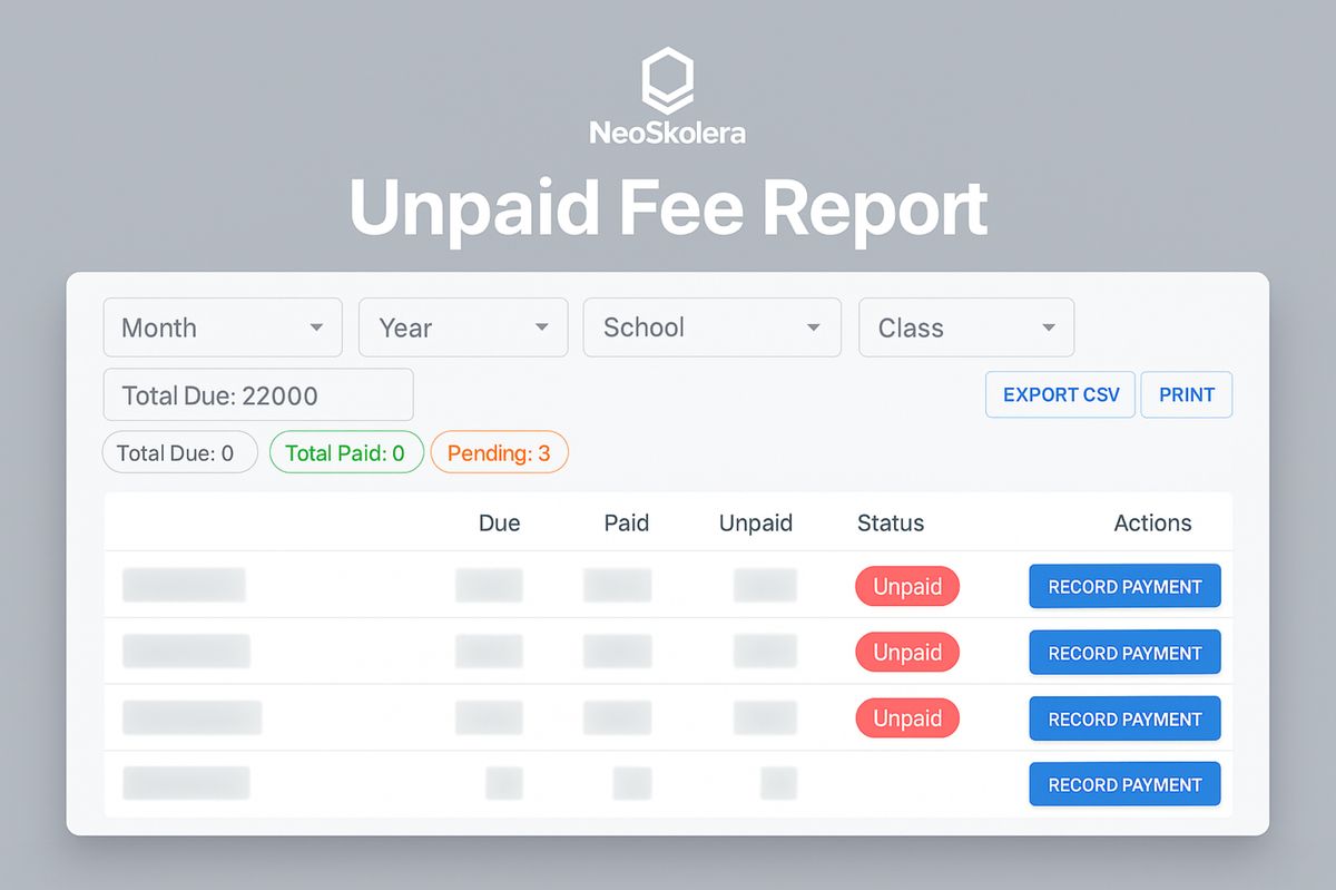 Unpaid Fee, Users and permissions screen in NeoSkolera school management system