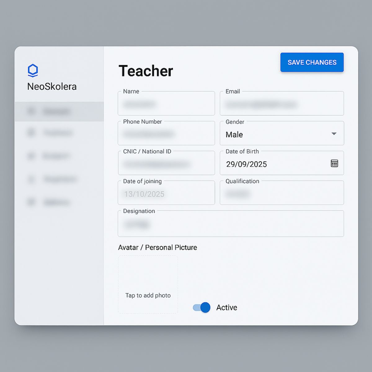 Teachers, Users and permissions screen in NeoSkolera school management system