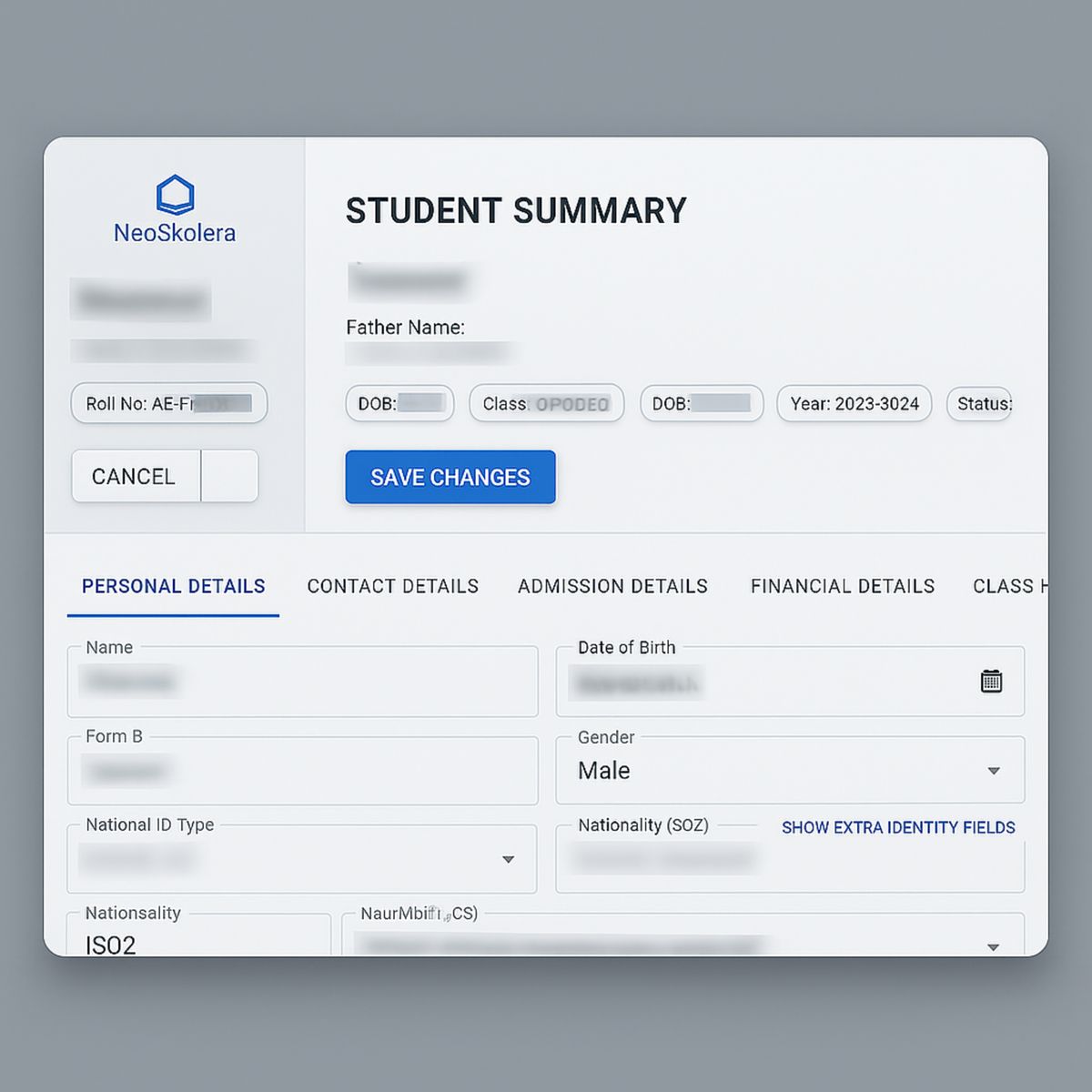 Students, Users and permissions screen in NeoSkolera school management system