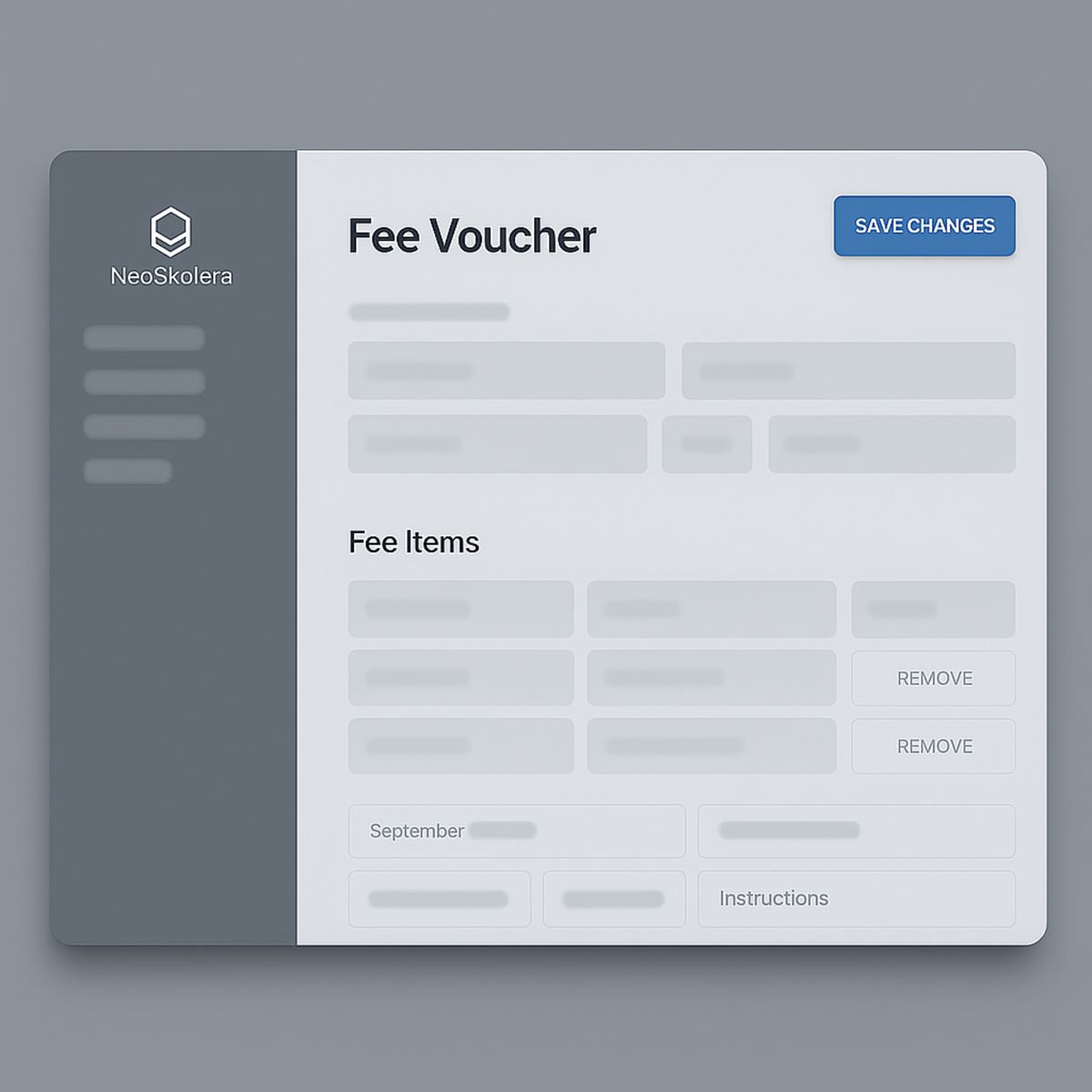 Fee Voucher, Users and permissions screen in NeoSkolera school management system
