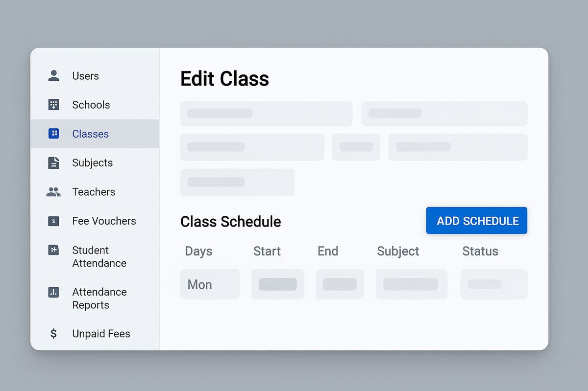 Classes, Users and permissions screen in NeoSkolera school management system