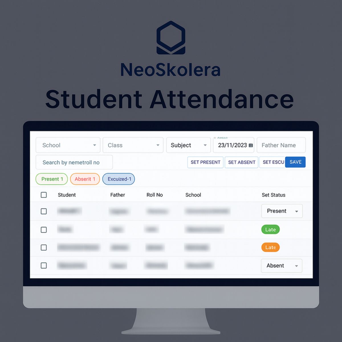 Student Attendance, Users and permissions screen in NeoSkolera school management system