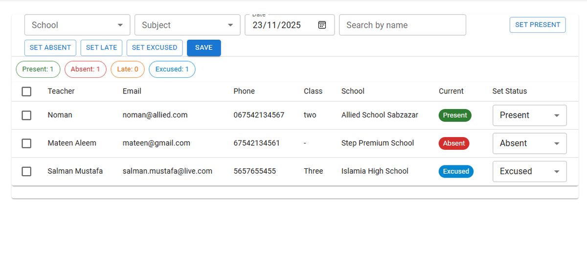 Teacher Attendance, Users and permissions screen in NeoSkolera school management system
